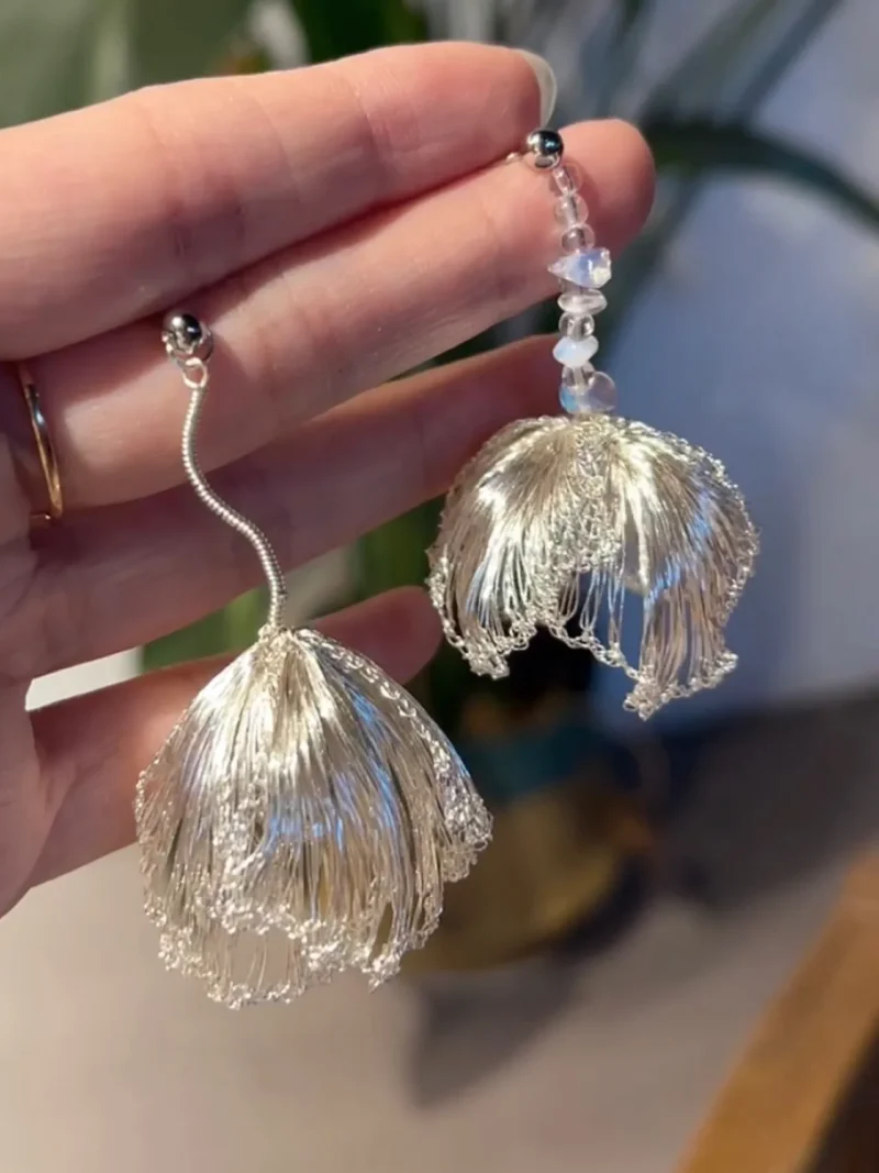 OREYNE Botanical White Fritillaria Earrings – close-up detail