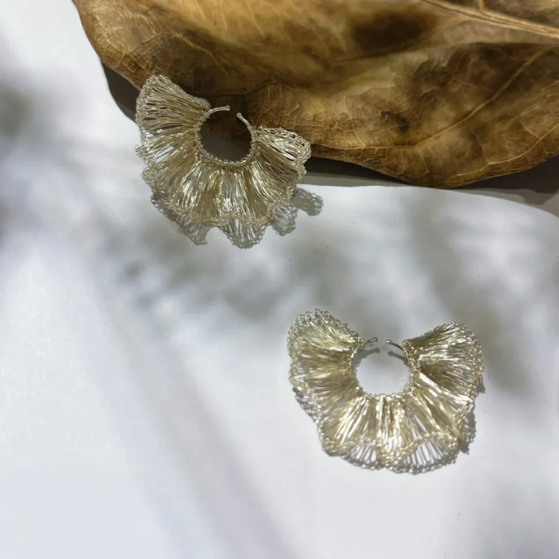 Pair of Fine Silver-Plated Copper Wire hoop earrings with hand-shaped ruffled panels and reflective woven texture