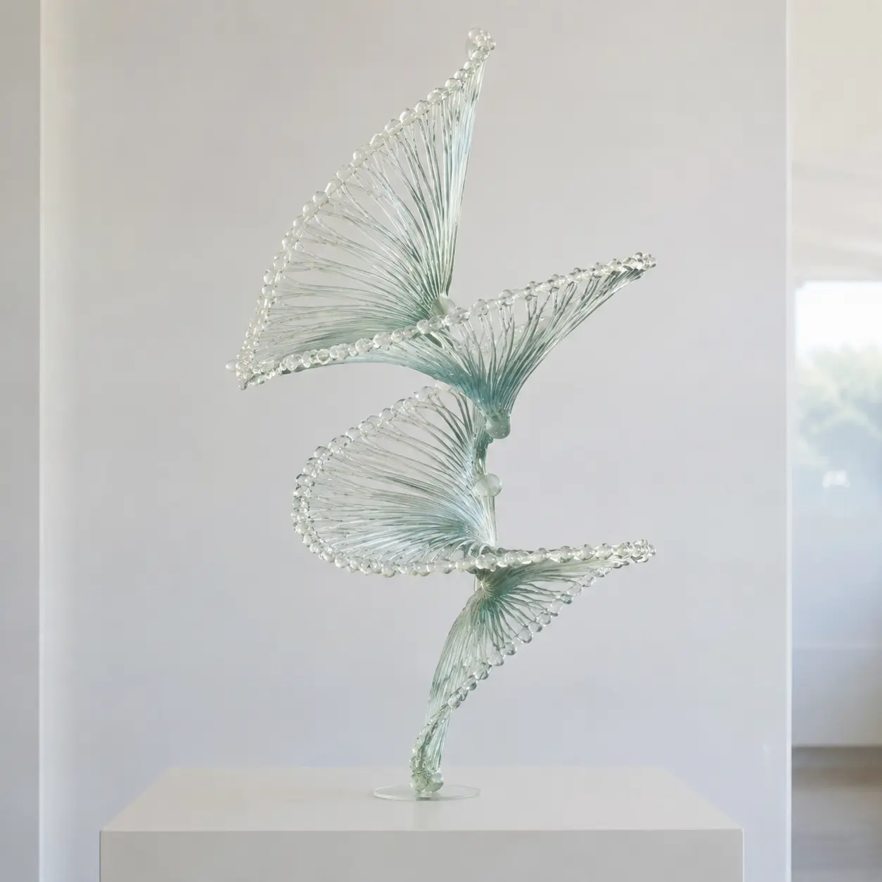 Translucent spiral glass sculpture with fan-shaped forms rising around a central axis