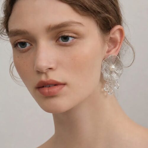OREYNE Botanical White Dogwood Earrings with Removable Clear Teardrop Dangles – close-up detail