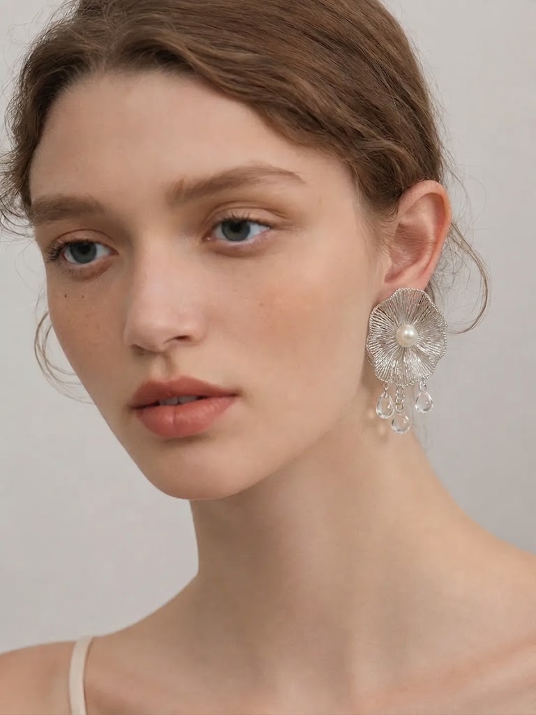 OREYNE Botanical White Dogwood Earrings with Removable Clear Teardrop Dangles – close-up detail