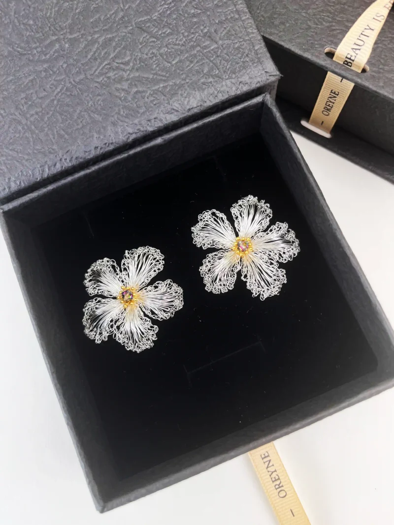 OREYNE White Strawberry Blossom earrings in jewelry box