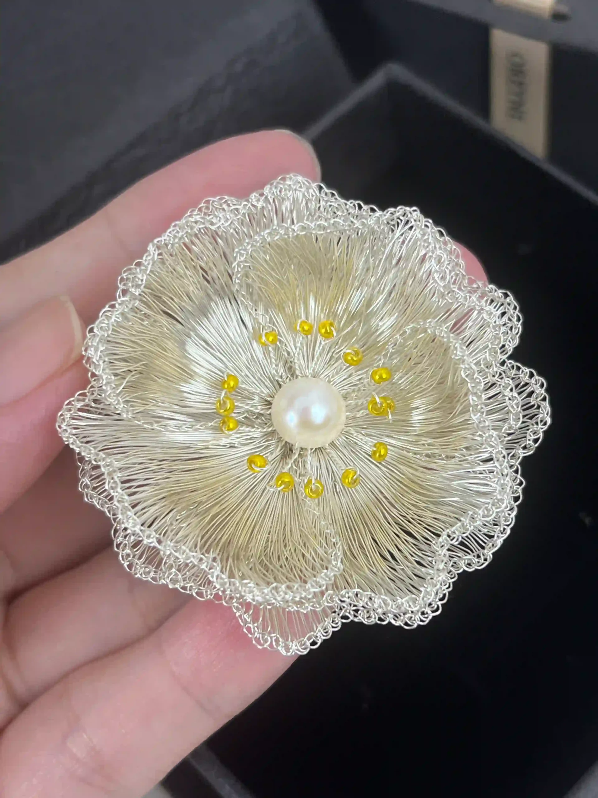 Finished OREYNE wire flower brooch developed from the original design