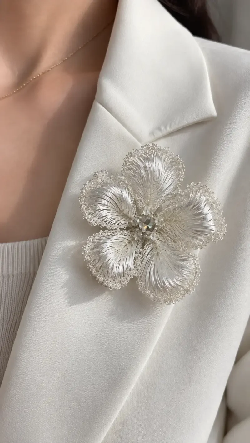 Model wearing OREYNE White Blossom sculptural brooch