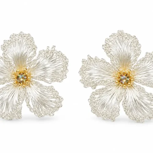 OREYNE White Strawberry Blossom stud earrings on white background