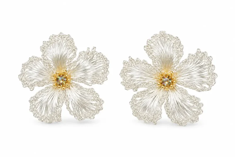 OREYNE White Strawberry Blossom stud earrings on white background