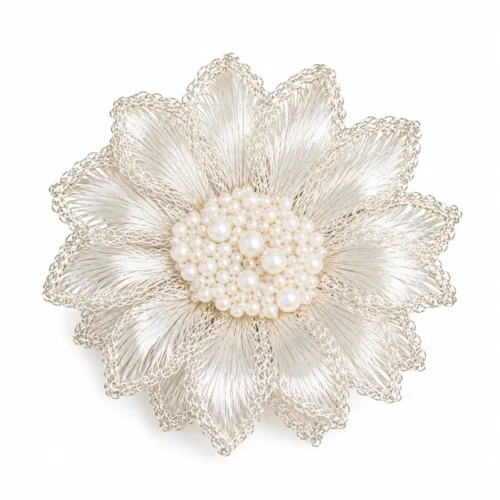 Silver-tone White Chrysanthemum Luminous Heart Brooch on white background