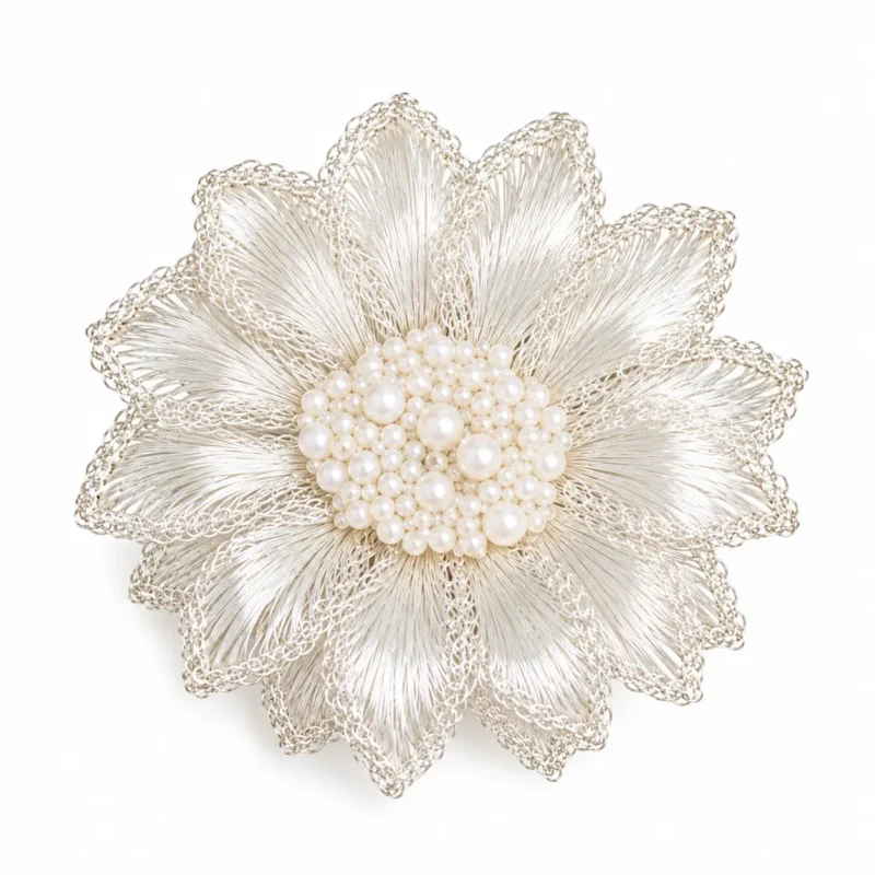 Silver-tone White Chrysanthemum Luminous Heart Brooch on white background