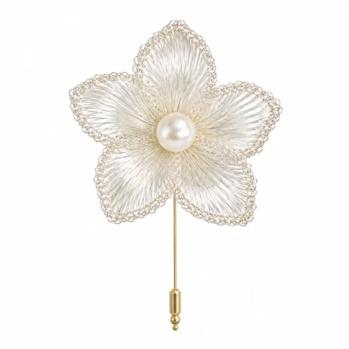 White Balloon Flower Pearl Center Brooch on white background