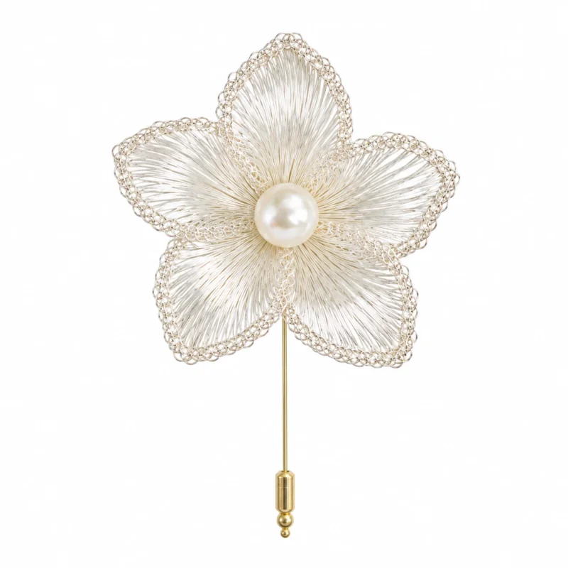 White Balloon Flower Pearl Center Brooch on white background