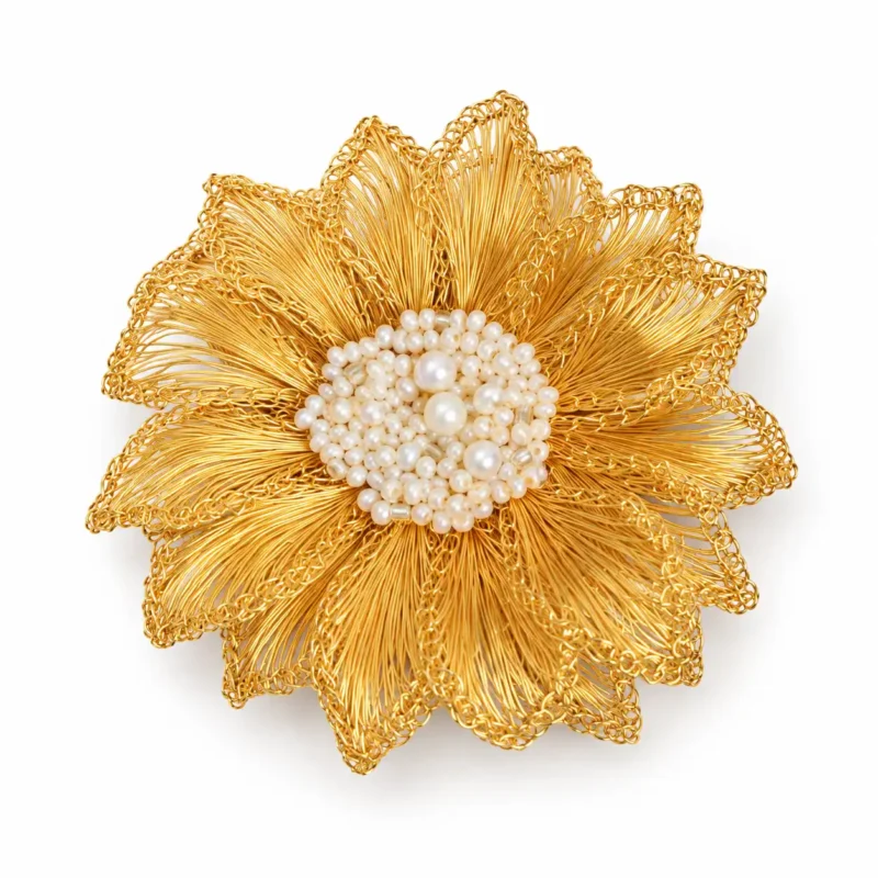 Gold-tone White Chrysanthemum Luminous Heart Brooch on white background