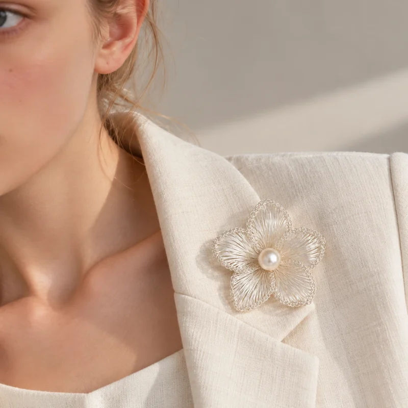 Model wearing White Balloon Flower Pearl Center Brooch