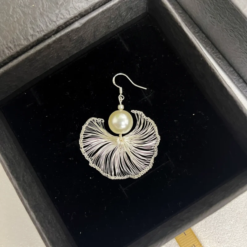 Close detail of Ginkgo Leaf Pearl Fan Earrings