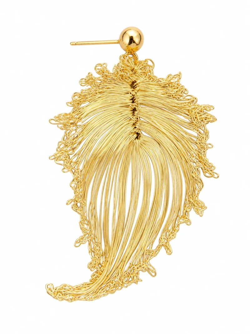 Gold-tone handwoven bodhi leaf drop earrings on white background